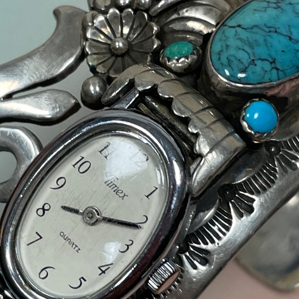 Native American Sterling Silver Turquoise Decorative Bangle Bracelet Watch - Picture 11 of 15